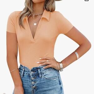 Women's Deep V Neck Short Sleeve Bodysuit Stretch Collar Jumpsuit Leotard Top M